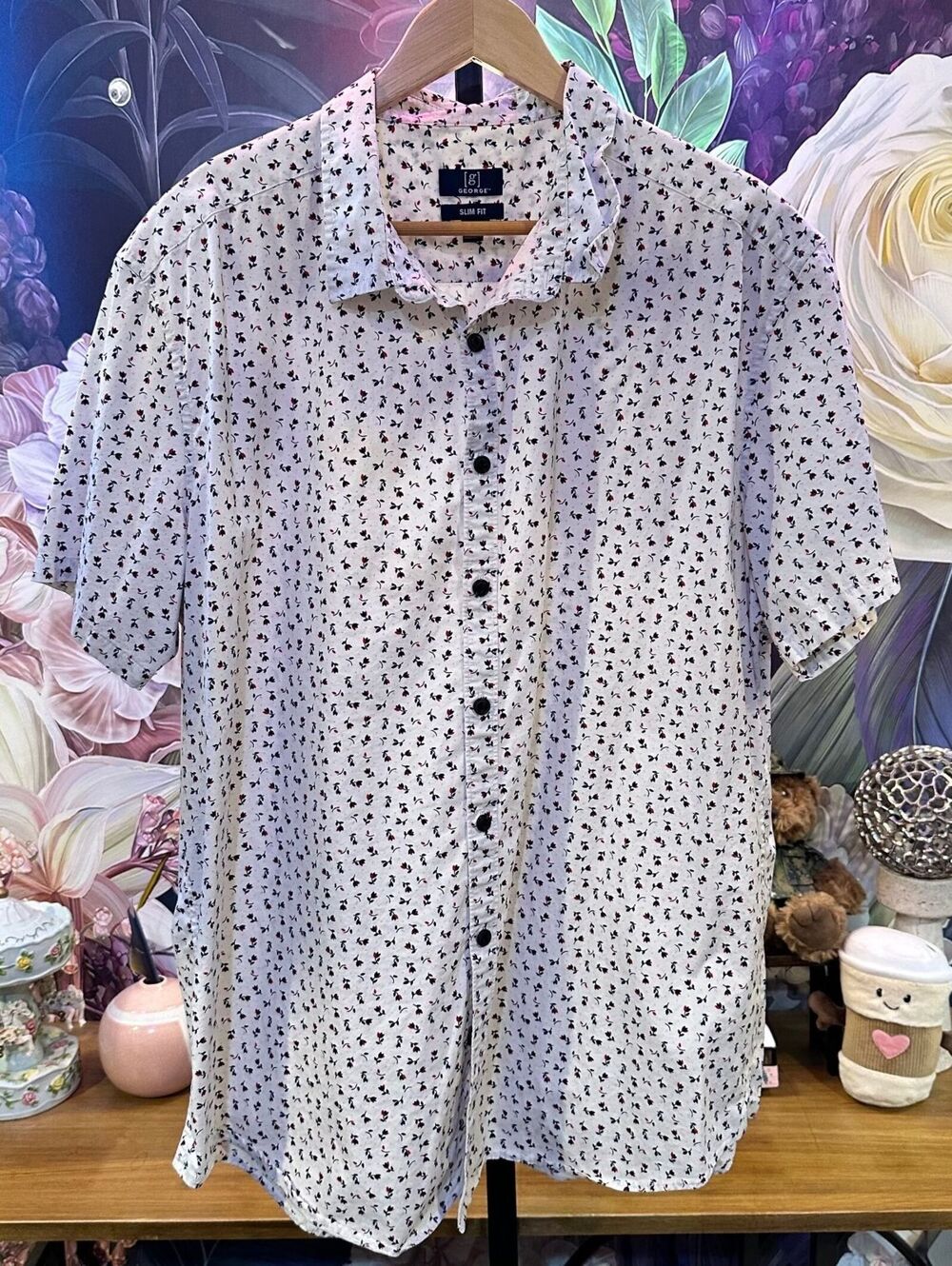 George 2XL Slim Fit Floral Stretch Button Shirt Preppy Modern Casual White Red